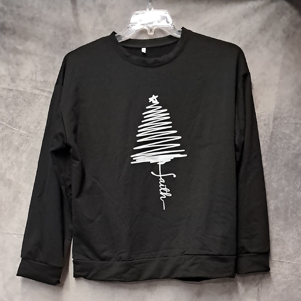 Black Sweatshirt with White Christmas Tree Design, FAITH